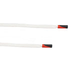 Close-up of the black and red cord ends on the white nylon drawstring.