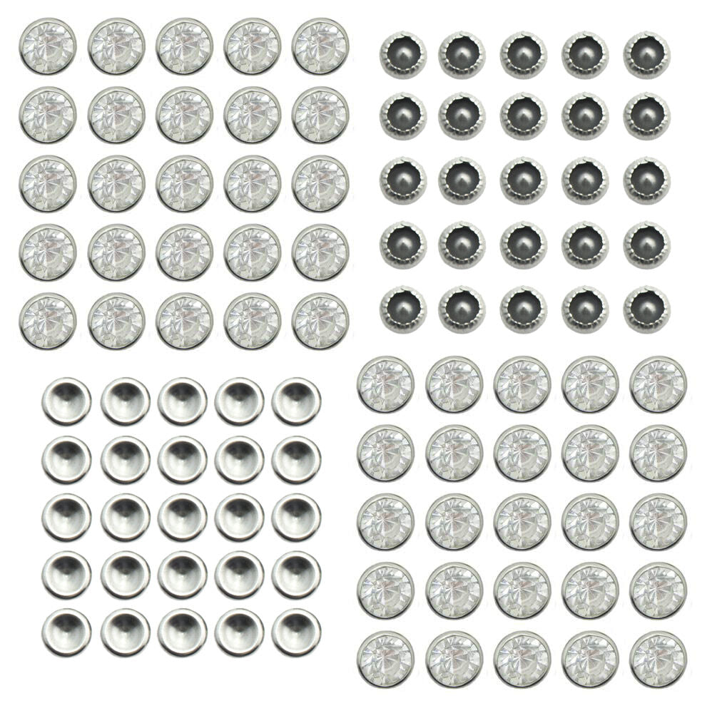 Pack of 50 crystal stone studs in silver tone settings.