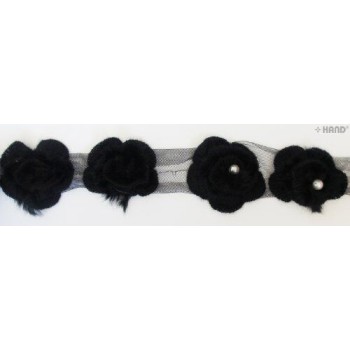 T 06 - Decorative Black Knitted Roses with Soft Fluffy Edges Net Trim - 1 m