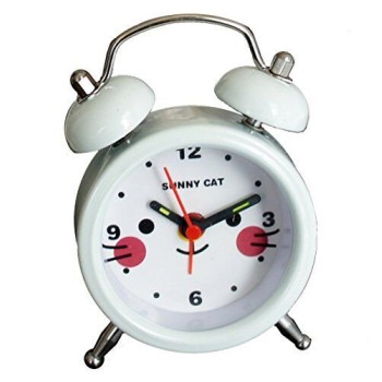 Extremely Silent Metal Twin Bell Alarm Clock - Assorted Sizes, Designs and Colours (Small Sunny Cat White)
