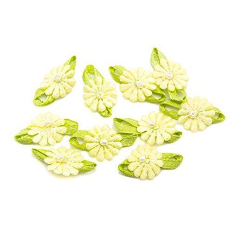 HAND H0626 Silky Fabric Flower Sew On Trims, Embellishments with Pearl Effect Centres and Ribbon Leaves Size 25 mm x 16 mm Pack of 50 Cream HAND H0626 Silky Fabric Flower Sew On Trims, Embellishments with Pearl Effect Centres and Ribbon Leaves Size 25 mm x 16 mm Pack of 50 Cream