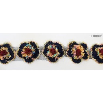 T 03 - Decorative Colourful Knitted Flowers Net Trim with gold sequins and tinsel - 1m