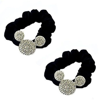 HAND A Pair of Attractive Black Velvet Hair Bands Ponytail Hair Bun Holder with Encrusted Crystal Cute Mouse Motifs