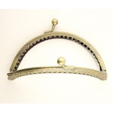 HAND PF12 Antique Bronze Tone Round Purse Frame - 105 x 55 mm - with Decorative Flower Engravings and Perforations, and Kiss Clasp Lock Handle