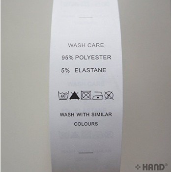 Wash Care Labels Printed Paper Fabric Material 95% POLYESTER 5% ELASTANE, 40 Degree 1 Bar, DO NOT BLEACH, DO NOT Tumble Dry, 1 Dot Iron, DO NOT Dry Clean, 40mmWx80mmL, Roll of 2500