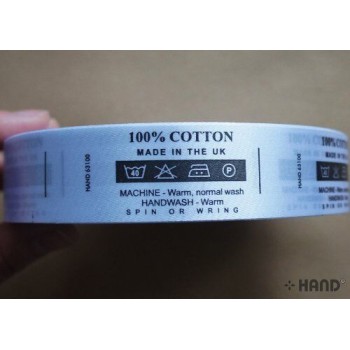 Fabric Printed Wash Care Labels 100% Cotton, 40 Degree, DO NOT BLEACH, 2 Dots Iron, Tumble Dry, 25mmWx61mmL, Roll of 2000 Get the DEAL