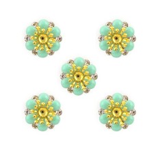 HAND Jade Green Enamel, Brass and Diamante Flower Sew-On Trims - Embellishments for Clothing, Accessories - Pack of 5