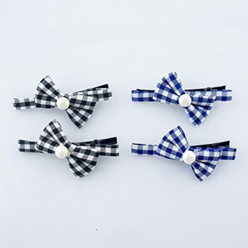 HAND Large Gingham Check Pattern Pretty Hair Clip with a Fabric Bow and Pearlescent Bead - Pack of 4