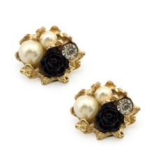 HAND Pearl, Crystal and Black Rose Sew on Trim/ Sew in Button in a Gold Coloured Setting - Adds a Touch of Style to Your Outfit, Bag or Accessories - Pack of 2