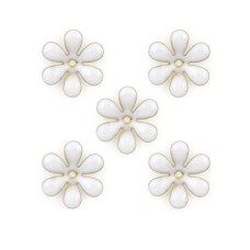 HAND Small White Enamel and Brass Back Flower Sew-On Trims - Embellishments for Clothing, Accessories - Pack of 5