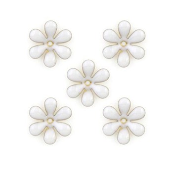 HAND Small White Enamel and Brass Back Flower Sew-On Trims - Embellishments for Clothing, Accessories - Pack of 5