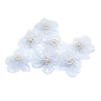 HAND H0631 Five Petals Ten Beads White Organza Flower Sew On Trims, Embellishments with Bead Centres Size 35 mm Pack of 10