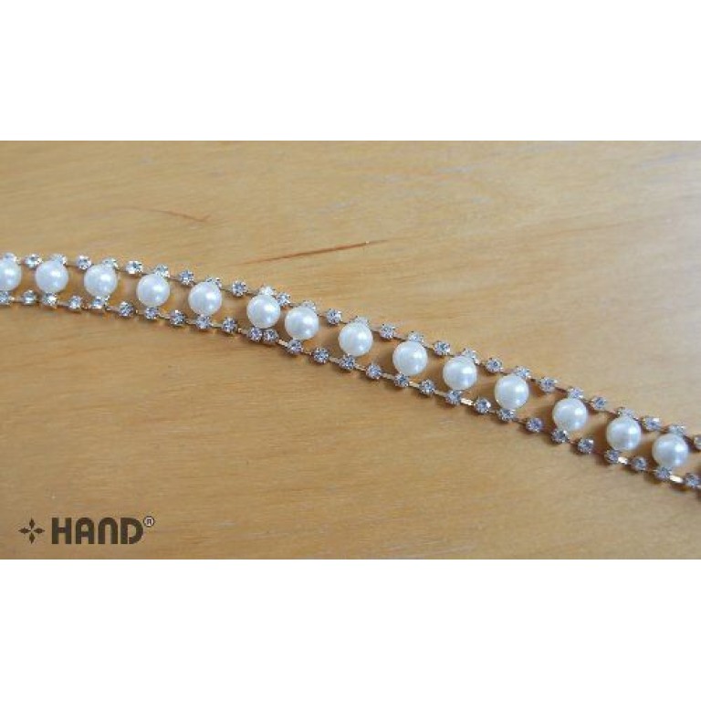 DMT03 Luxury Pearl Jewellery Gold Cased Crystal Diamante Trim Embellishment, Continuous, 13mmW- per 2 metres DMT03 Luxury Pearl Jewellery Gold Cased Crystal Diamante Trim Embellishment, Continuous, 13mmW- per 2 metres