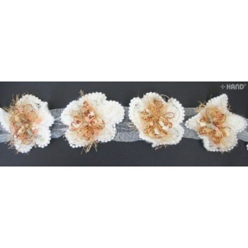 T 07 - Decorative Knitted White Flower with Pearl Edges and Colourful Center Net Trim 1m