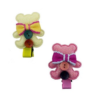 HAND ® A Pair of Cute Glittery Teddy Bear Hairclip Barrettes with Buttons and Bow 6x4cm