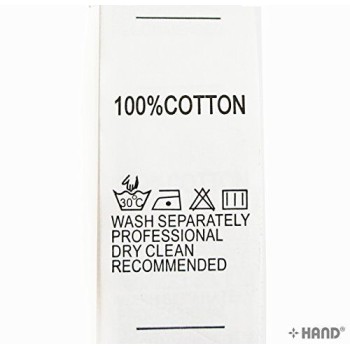 Printed Wash Care Labels- HAND WASH 30 Degree, 1 Dot Iron, Do not Bleach, Drip Dry- 25mmWx50mmL, Roll of 1000 (100% COTTON)