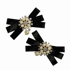 HAND BR43 Beautiful Elegant Pearl, Clear Crystal and Black Bow Brooch - pack of 2