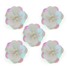 HAND No.8 White Reflective Colours Flower Sequin and Bead Sew-On Trims - Embellishments for Clothing, Accessories - Pack of 5