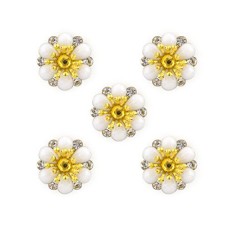 HAND White Enamel, Brass and Diamante Flower Sew-On Trims - Embellishments for Clothing, Accessories - Pack of 5