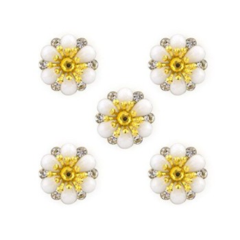 HAND White Enamel, Brass and Diamante Flower Sew-On Trims - Embellishments for Clothing, Accessories - Pack of 5