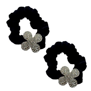HAND A Pair of Attractive Black Velvet Hair Bands Ponytail Hair Bun Holder with Encrusted Crystal Four Leaf Clover Motifs