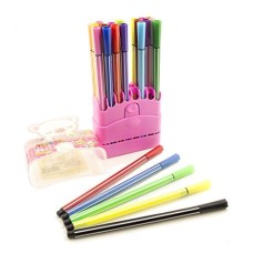 HAND A198-24 Set of 24 Kids Washable Coloured Felt Tip Pens Complete with Pink Carry Case Stand