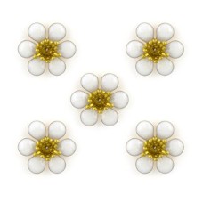 HAND White Cherry Blossom Enamel and Brass Flower Sew-On Trims - Embellishments for Clothing, Accessories - Pack of 5