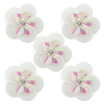 HAND No.16 Large White Round Sequin and Diamante Flower Sew-On Trims- Embellishments for Clothing, Accessories - Pack of 5