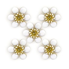 HAND White Blossom Enamel and Brass Flower Sew-On Trims - Embellishments for Clothing, Accessories - Pack of 5