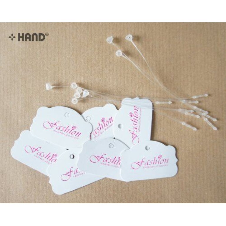 White Shaped Small Paper Tags with Pink "FASHION" Word with Nylon Lock String - Appx 500 pcs White Shaped Small Paper Tags with Pink "FASHION" Word with Nylon Lock String - Appx 500 pcs