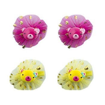 HAND ® 2 Pairs of Pretty Teddy Bear and Organza Rosette Hairclip Barrettes with Shiny Gold Polka Dots 5.5x5.5cm