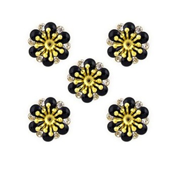 HAND Black Enamel, Brass and Diamante Flower Sew-On Trims - Embellishments for Clothing, Accessories - Pack of 5
