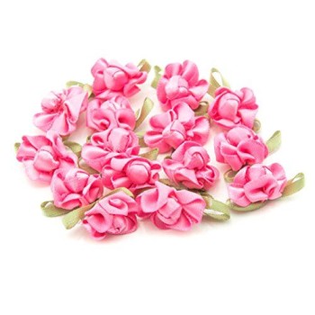 HAND H0681 Pretty Ribbon Bow Sew On Trim with Coloured Fabric Flower and Bud for Clothing Embellishment 23 mm x 18 mm Pack of 20, Bright Pink