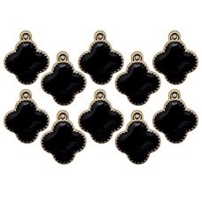 HAND No.6 Black Enamel Four Petals Flower and Gold Colour Embellishments for Clothing, Jewellery, Pendants - Pack of 10
