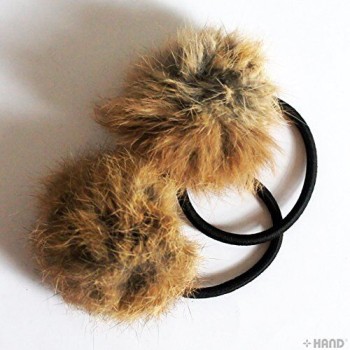 A Pair of Lovely Pom Pom Hair Bands, Decorative Pom Poms w/Band - 2 (Real Brown Rabbit Fur)
