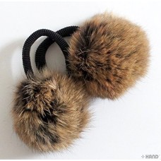 A Pair of Lovely Rabbit Pom Pom Hair Band, Decorative Pom poms w/band - 2.5" (Real Brown Rabbit Fur)
