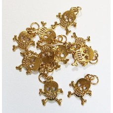 HAND Cool Halloween Gold Zip Pulls, Tags, Fasteners with Skull Design, with Eyelet, Pack of 10 (F054)