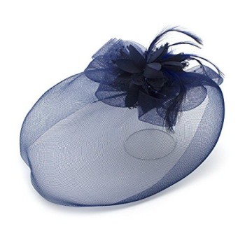 Ladies' Fashionable Feather Flower Bead Detailed and Mesh Ascot/Derby Day Fascinator Hat Headdress - Navy Blue