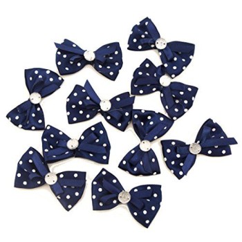 HAND XH-YDBL-6 Dark Blue Ribbon Bow Sew On Trims with White Polka Dots and Crystal Bead Centres for Clothing and Craft Embellishment - 6 cm x 4 cm - Pack of 10