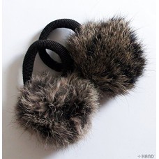 A Pair of Lovely Rabbit Pom Pom Hair Band, Decorative Pom poms w/Band - 2.5" (Real Dark Grey Rabbit Fur)