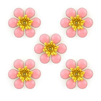 HAND Baby Pink Cherry Blossom Enamel and Brass Flower Sew-On Trims - Embellishments for Clothing, Accessories - Pack of 5