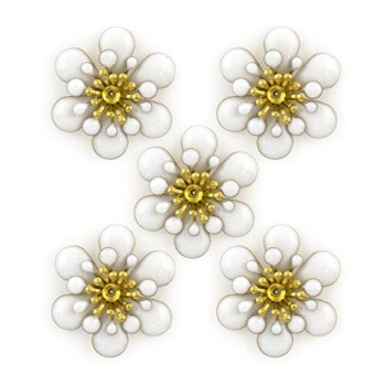 HAND Cute 3 Layers Detail White Enamel and Brass Flower Sew-On Trims - Embellishments for Clothing, Accessories - Pack of 5