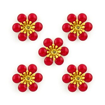 HAND Juicy Red Cherry Blossom Enamel and Brass Flower Sew-On Trims - Embellishments for Clothing, Accessories - Pack of 5