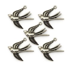 HAND Silver Colour Swallow Pendants - for Necklaces, Jewellery, Clothing, Bags and Accessories - Pack of 5