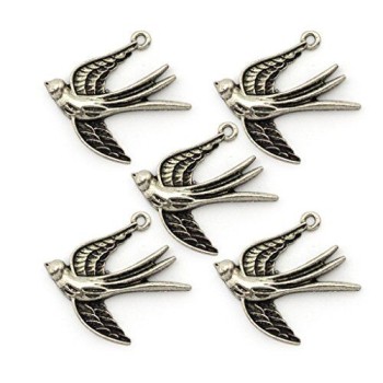 HAND Silver Colour Swallow Pendants - for Necklaces, Jewellery, Clothing, Bags and Accessories - Pack of 5