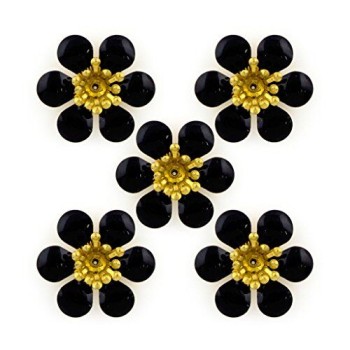 HAND Black Cherry Blossom Enamel and Brass Flower Sew-On Trims - Embellishments for Clothing, Accessories - Pack of 5