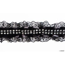 T22 Black Decorative Lace Ribbon Trim with 2 Rows of Diamante Gems - 5 metres