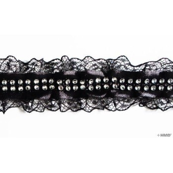 T22 Black Decorative Lace Ribbon Trim with 2 Rows of Diamante Gems - 5 metres