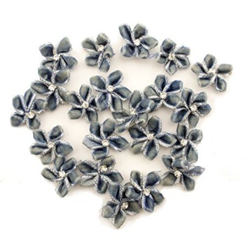 HAND Blue Grey Velvet Flower Trim with Diamante and Silver Metallic Edging 23mm - 20 Pieces