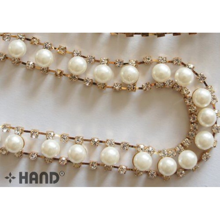 DMT03 Luxury Pearl Jewellery Gold Cased Crystal Diamante Trim Embellishment, Continuous, 13mmW- per 2 metres DMT03 Luxury Pearl Jewellery Gold Cased Crystal Diamante Trim Embellishment, Continuous, 13mmW- per 2 metres